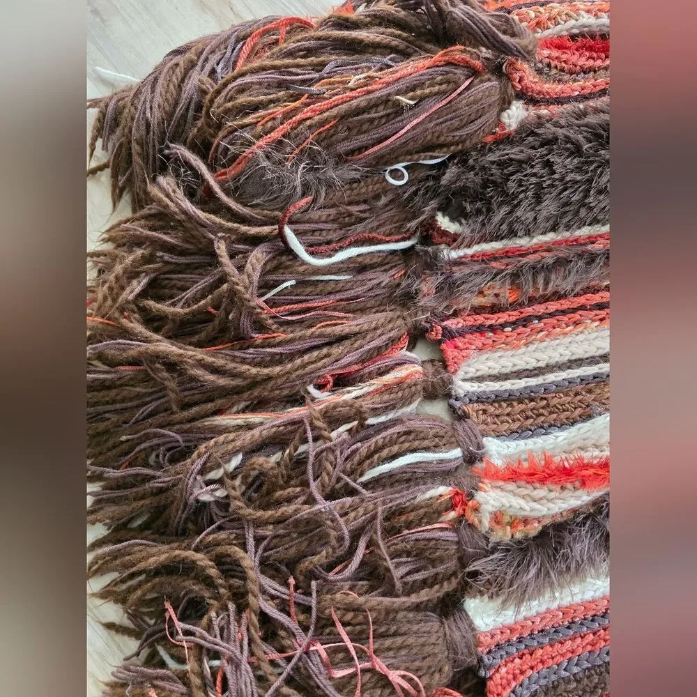 Handmade Thick Knit Fringe Throw Blanket Autumnal Colors Afghan 86x40